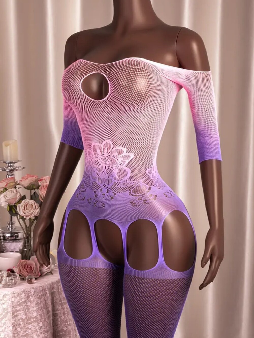 Pink to Purple Ombre Crotchless Fishnet Bodystocking W/Lotus (?) Flower (OS)🩷💜